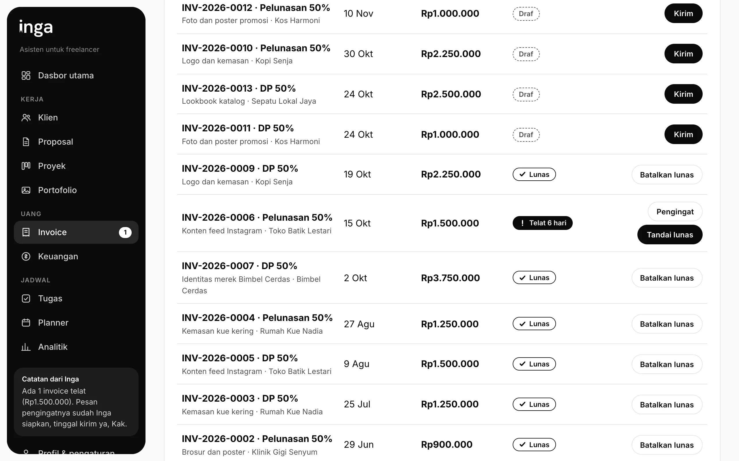 Invoice Inga dengan pratinjau kertas dan status pembayaran