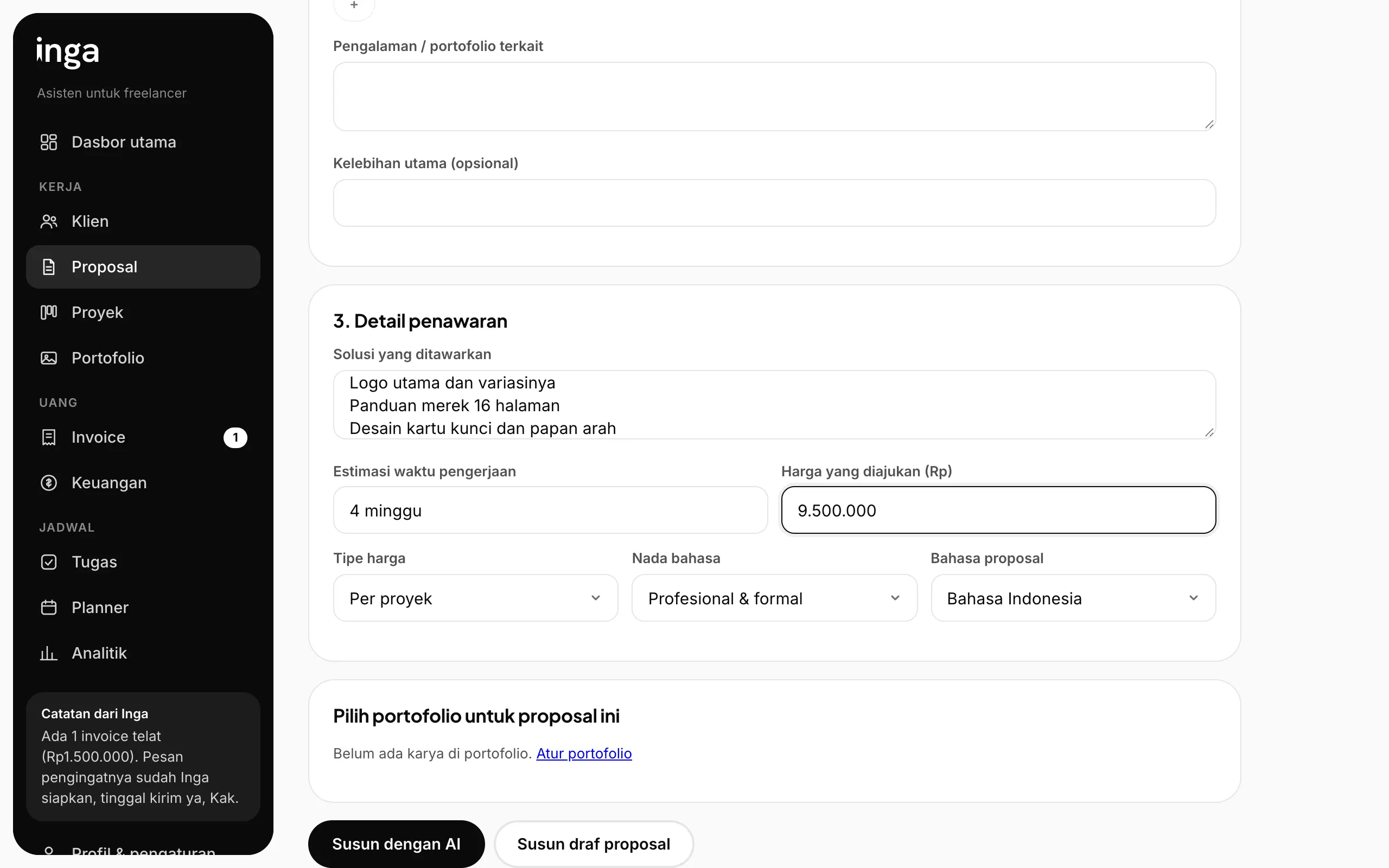 Rekaman layar Inga: Susun dengan AI