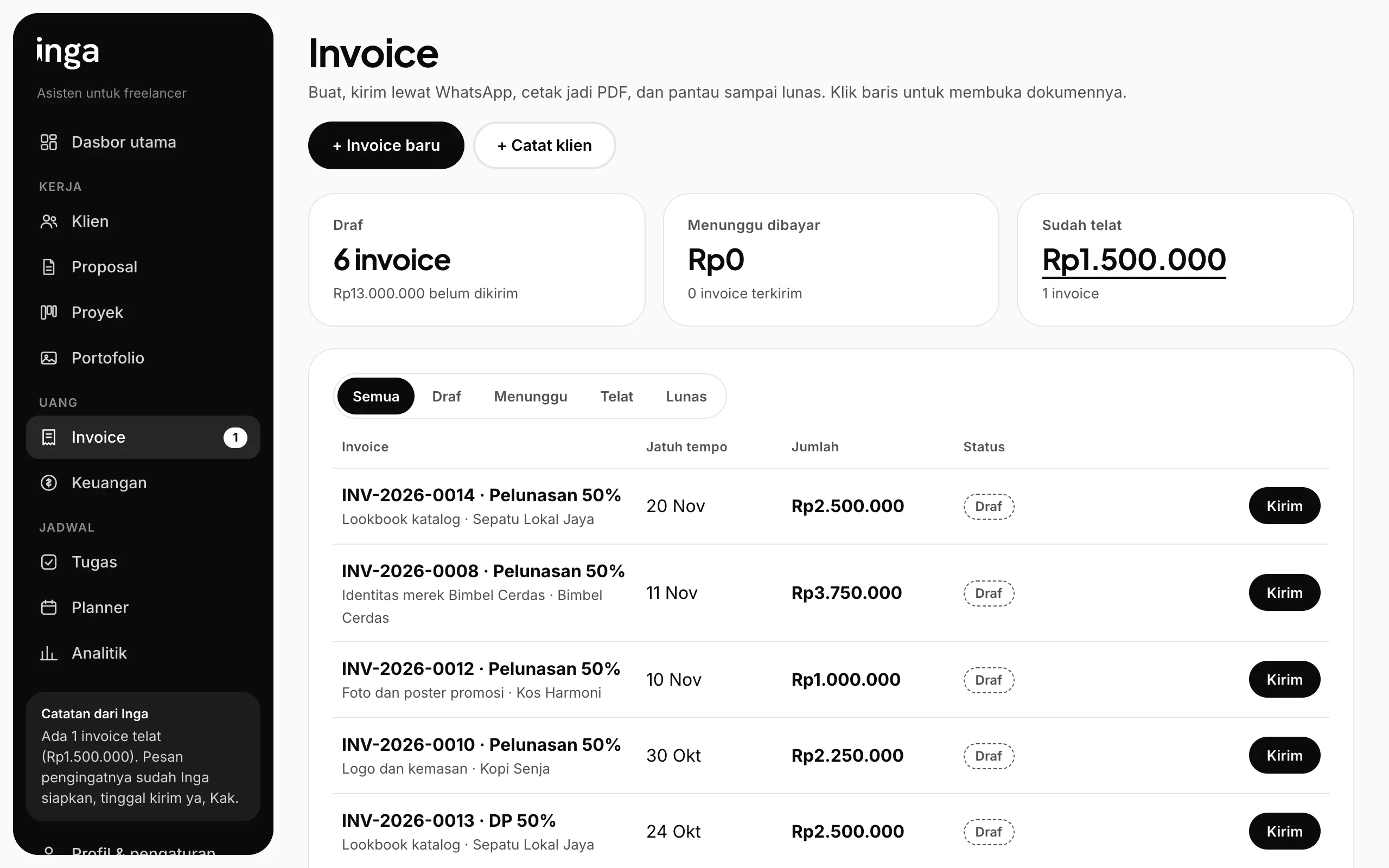 Rekaman layar Inga: Invoice