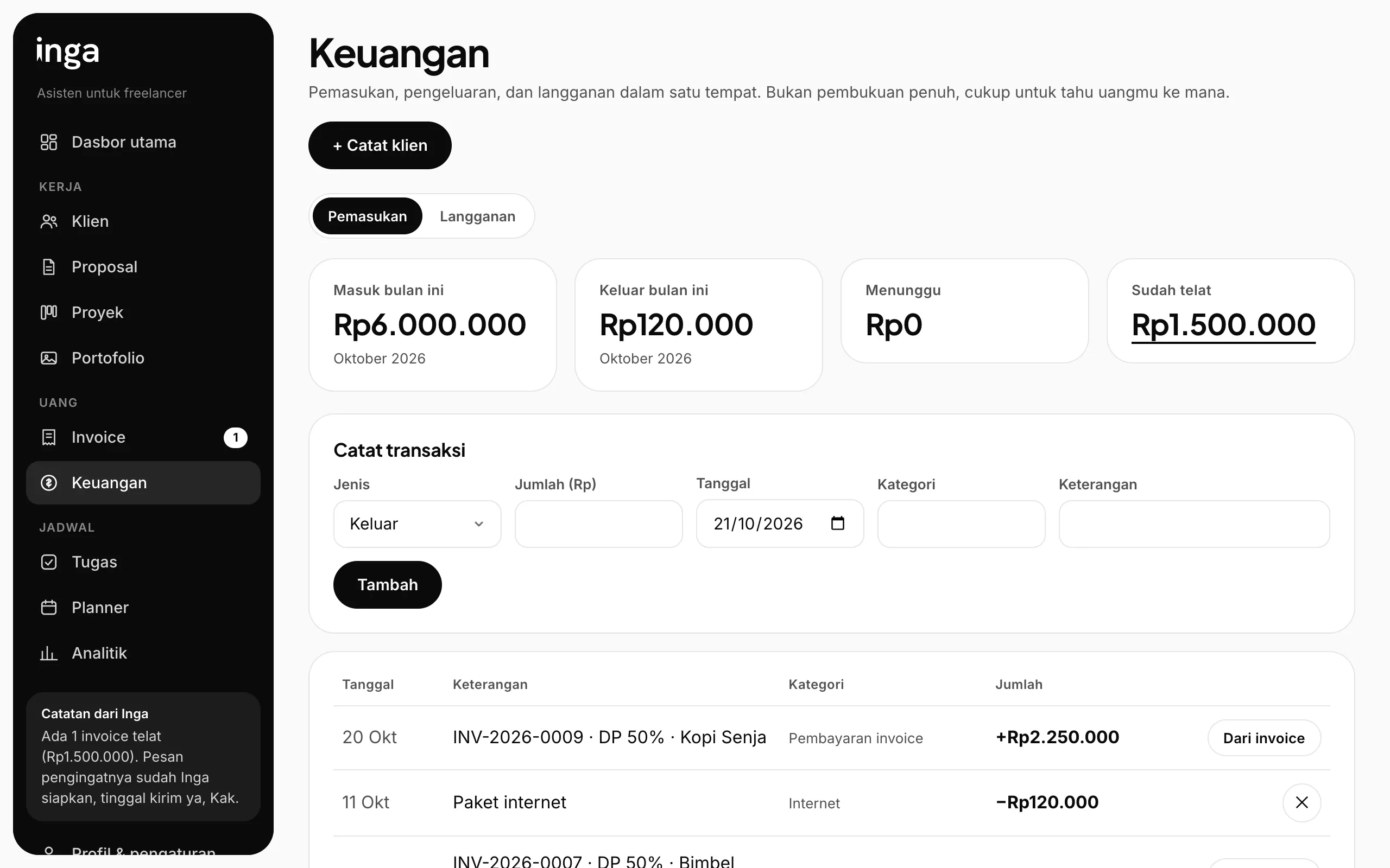 Rekaman layar Inga: Keuangan