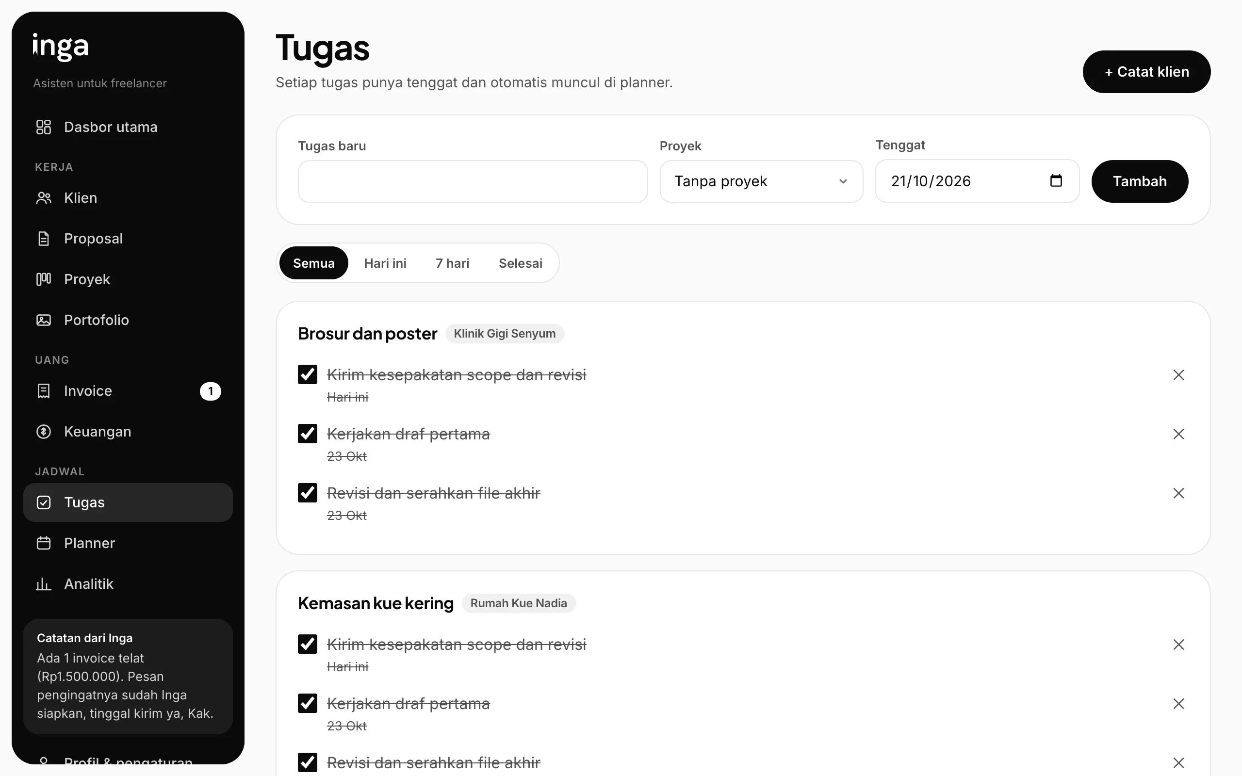 Rekaman layar Inga: Tugas dan planner